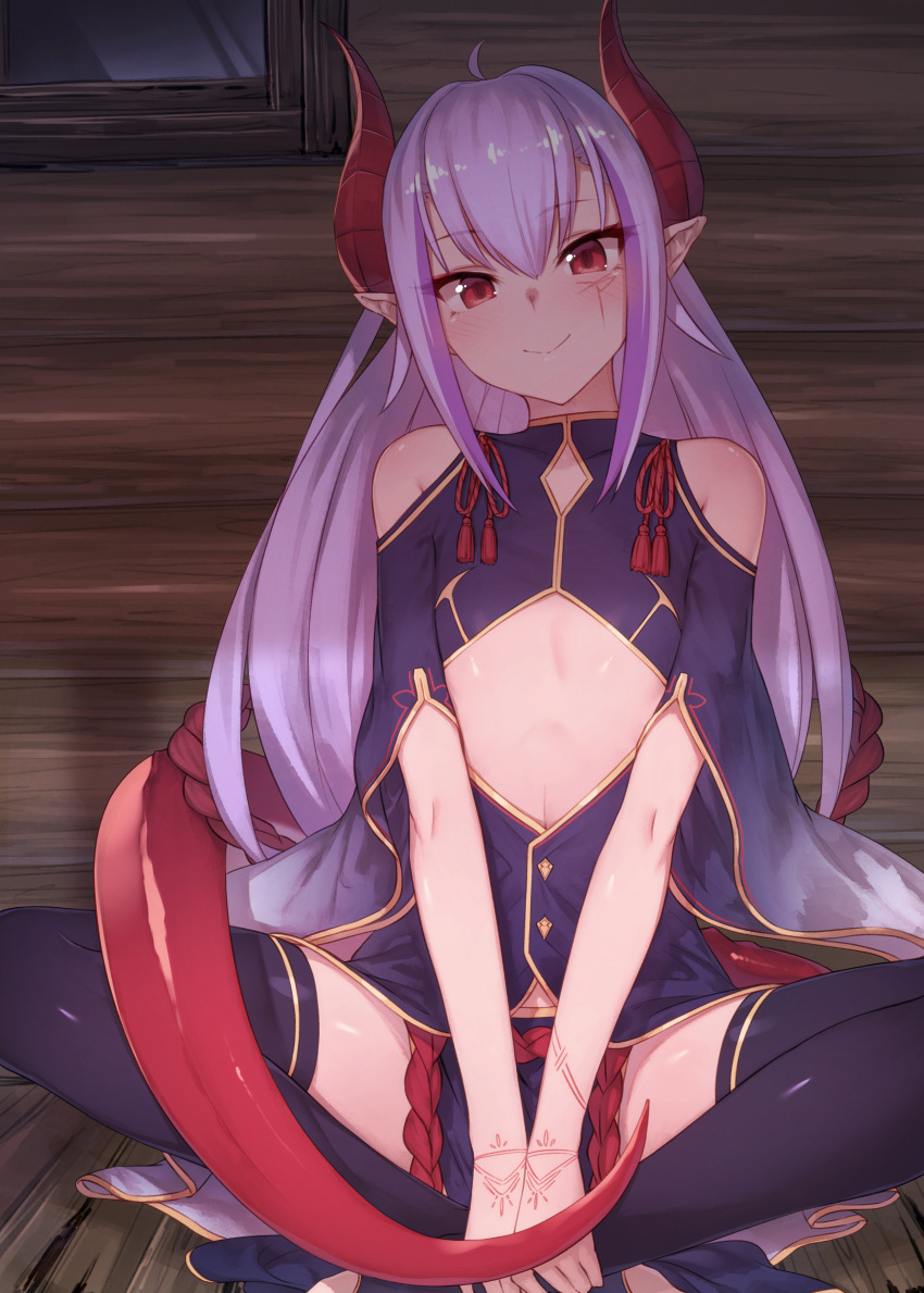 1girl absurdres bare_shoulders black_legwear breasts butterfly_sitting commentary_request eyebrows_visible_through_hair eyes_visible_through_hair facial_mark hair_between_eyes head_tilt highres horns ibuki_notsu long_hair looking_at_viewer melusine_(ibuki_notsu) original pelvic_curtain pointy_ears purple_hair red_eyes sitting small_breasts smile solo tail thigh-highs v_arms wide_sleeves wooden_floor wooden_wall