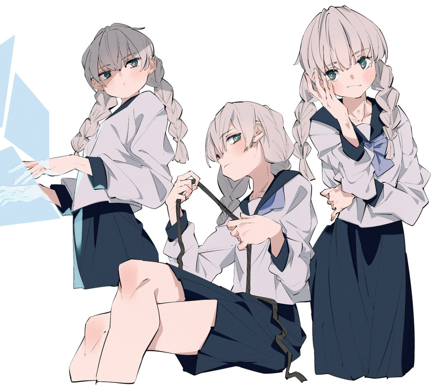 1boy braid crossdressinging crossed_legs grey_eyes grey_hair highres juusan_kihei_bouei_ken long_hair long_sleeves looking_at_viewer male_focus otoko_no_ko pleated_skirt school_uniform shiomi_(lowrise) silver_hair skirt smile solo tsukasa_okino twin_braids very_long_hair