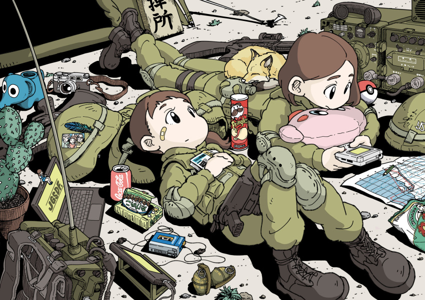 2girls animal assault_rifle backpack backpack_removed bag bandaid bandaid_on_face cactus camera canteen coca-cola commentary computer english_commentary explosive feathers fox game_boy grenade gun handheld_game_console headwear_removed helmet helmet_removed highres howa_type_89 japan_ground_self-defense_force japan_self-defense_force kirby knee_pads laptop lying map military military_uniform multiple_girls nakamori_kemuri on_back on_stomach original photo_(object) playing_games poke_ball pringles rifle soldier stuffed_toy takenoko_no_sato_(food) tent uniform weapon