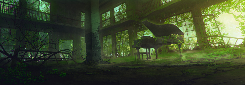 commentary_request day grand_piano highres indoors instrument mocha_(cotton) moss no_humans original overgrown piano piano_bench pillar railing ruins scenery window