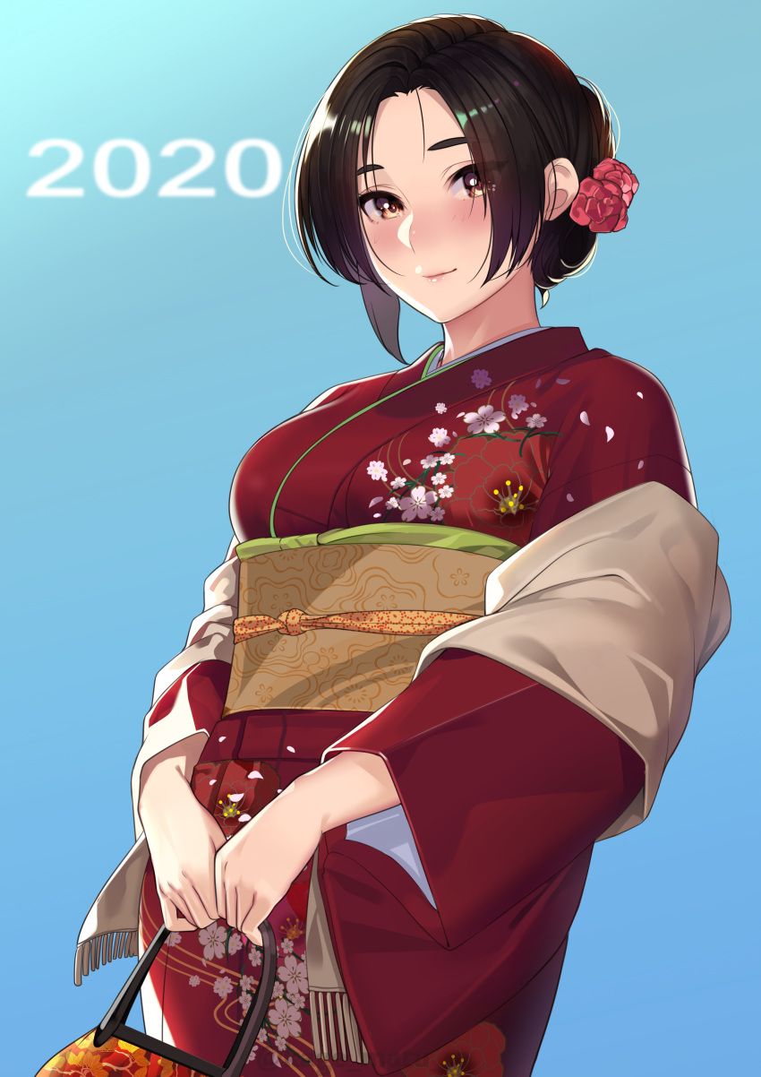 1girl 2020 absurdres bag black_hair blue_background blush breasts brown_eyes closed_mouth eyebrows_visible_through_hair flower hair_flower hair_ornament handbag highres holding_handbag japanese_clothes kagematsuri kimono long_sleeves looking_at_viewer medium_breasts original red_kimono short_hair simple_background smile solo thick_eyebrows