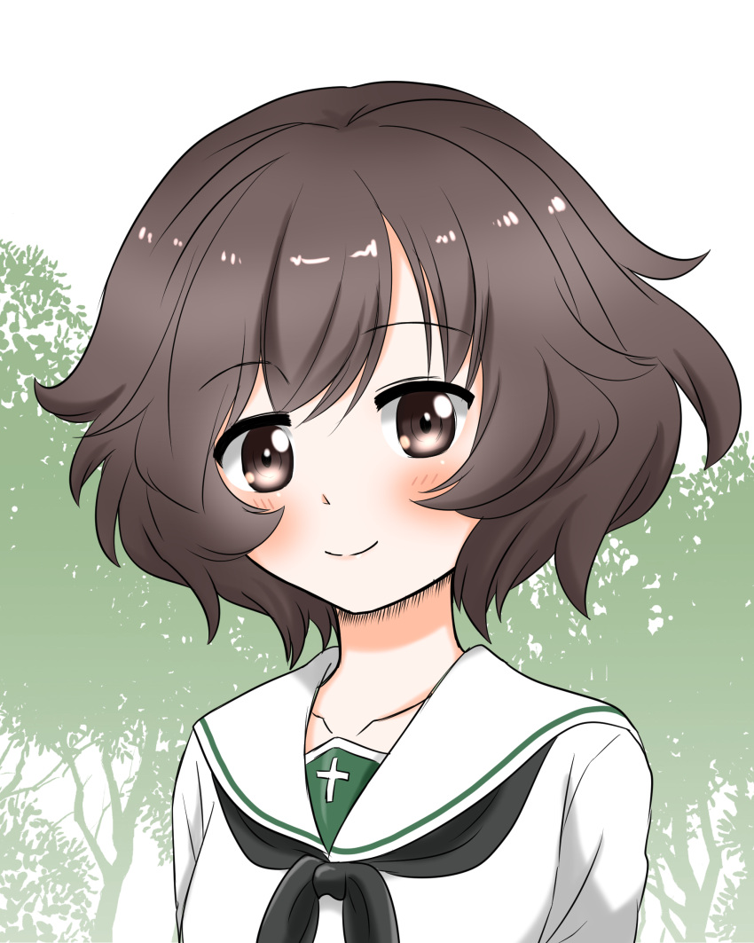 1girl absurdres akiyama_yukari bangs black_neckwear blouse blush brown_eyes brown_hair closed_mouth commentary eyebrows_visible_through_hair girls_und_panzer highres looking_at_viewer messy_hair neckerchief noto-kanna ooarai_school_uniform portrait school_uniform serafuku short_hair smile solo tree white_background white_blouse