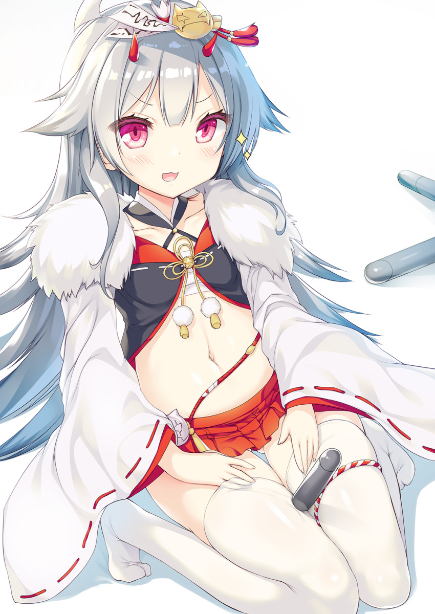 1girl azur_lane bangs blush commentary_request eyebrows_visible_through_hair hibiki_(azur_lane) hibiki_(new_year's_little_imp)_(azur_lane) highres horns long_hair looking_at_viewer navel ochinsama oni_horns open_mouth pleated_skirt red_eyes red_skirt sarashi silver_hair sitting skirt solo thigh-highs very_long_hair wariza white_background white_legwear