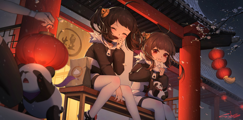 3girls :d :t ^_^ absurdres ahoge animal azur_lane bag baozi black_footwear black_hair black_jacket black_legwear blush brown_hair character_request closed_eyes closed_mouth commentary_request eating fang flower food food_on_face hair_rings hairpods highres holding holding_food jacket lantern long_sleeves looking_at_viewer moonofmonster multiple_girls night night_sky ning_hai_(azur_lane) open_mouth out_of_frame outdoors panda pantyhose paper_bag paper_lantern petals ping_hai_(azur_lane) pink_flower puffy_long_sleeves puffy_sleeves red_eyes rudder_footwear shoes signature sky sleeves_past_wrists smile thigh-highs tree_branch white_legwear window