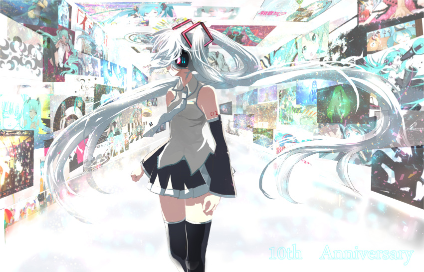 1girl 39_music_(vocaloid) absurdres apple bare_shoulders belt black_legwear black_rock_shooter black_skirt black_sleeves blue_neckwear clenched_hands closed_eyes commentary common_world_domination_(vocaloid) detached_sleeves dog doremifa_rondo_(vocaloid) feet_out_of_frame food fruit ghost_rule_(vocaloid) grey_shirt hachune_miku hair_ornament hallway hand_in_hand_(vocaloid) hat hatsune_miku headphones headset heart_a_la_mode_(vocaloid) hibikase_(vocaloid) highres holding holding_food holding_fruit holding_megaphone ievan_polkka_(vocaloid) koi_wa_sensou_(vocaloid) last_night_good_night_(vocaloid) light_blue_hair long_hair looking_back megaphone melt_(vocaloid) miniskirt necktie nightgown odds_&amp;_ends_(vocaloid) redial_(vocaloid) ren'ai_saiban_(vocaloid) rolling_girl_(vocaloid) romeo_to_cinderella_(vocaloid) rou_beeswax sekiranun_graffiti_(vocaloid) shinkai_shoujo_(vocaloid) shirt shoulder_tattoo silhouette skirt sleeveless sleeveless_shirt solo song_request songover standing strobe_nights_(vocaloid) suna_no_wakusei_(vocaloid) tattoo tell_your_world_(vocaloid) thigh-highs twintails very_long_hair vocaloid world_is_mine_(vocaloid) zettai_ryouiki