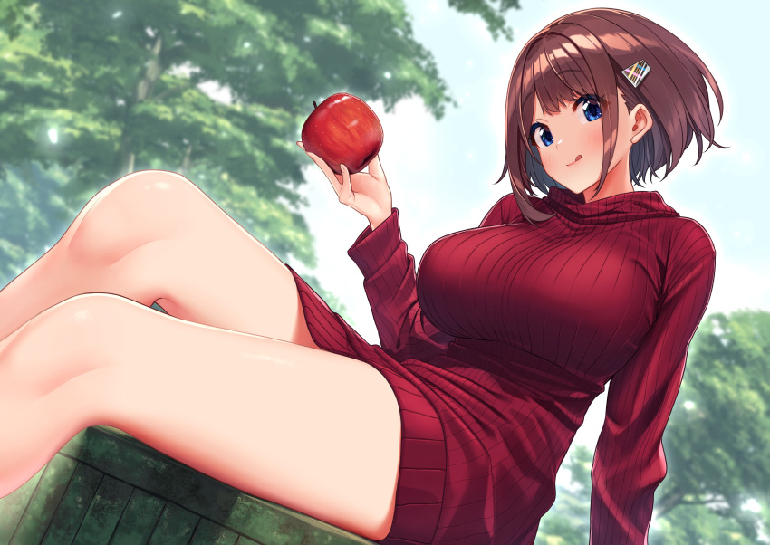 1girl :q absurdres apple baffu bangs bare_legs blue_eyes blush breasts brown_hair closed_mouth dress dutch_angle eyebrows_visible_through_hair feet_out_of_frame food fruit hair_ornament hairclip highres hitoyo_(baffu) holding holding_food holding_fruit large_breasts long_sleeves original red_dress red_sweater short_hair sitting smile solo sweater sweater_dress thighs tongue tongue_out tree