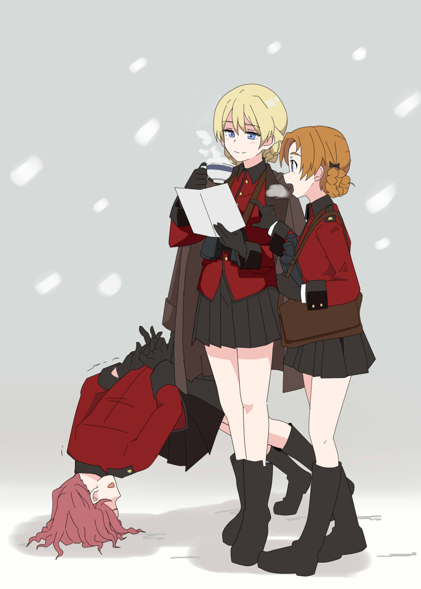 3girls absurdres bag bangs binoculars black_bow black_coat black_footwear black_gloves black_skirt blonde_hair blue_eyes boots bow braid breath carrying closed_eyes closed_mouth commentary_request cup darjeeling_(girls_und_panzer) epaulettes eyebrows_visible_through_hair fallen_down girls_und_panzer gloves hair_bow highres holding holding_cup holding_map jacket jacket_on_shoulders korean_commentary long_sleeves looking_at_another map medium_hair military military_uniform miniskirt multiple_girls open_mouth orange_hair orange_pekoe_(girls_und_panzer) parted_bangs perfect_han pleated_skirt red_jacket redhead rosehip_(girls_und_panzer) satchel short_hair skirt smile st._gloriana's_military_uniform standing teacup tied_hair trembling twin_braids uniform walking