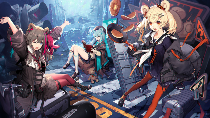 3girls animal_ears arknights axe bangs bear bear_ears black_footwear black_jacket blonde_hair blue_dress blue_eyes blue_hair book boots brown_hair commentary_request dress eyebrows_visible_through_hair food frying_pan gum_(arknights) hair_ornament hairclip holding holding_book istina_(arknights) jacket kneehighs long_hair mandrill miniskirt multicolored_hair multiple_girls one_eye_closed open_clothes open_jacket open_mouth orange_eyes orange_legwear pancake pantyhose pouch red_legwear redhead ruins sitting skirt spatula standing streaked_hair stuffed_animal stuffed_toy sweater teddy_bear traffic_light white_legwear zima_(arknights)