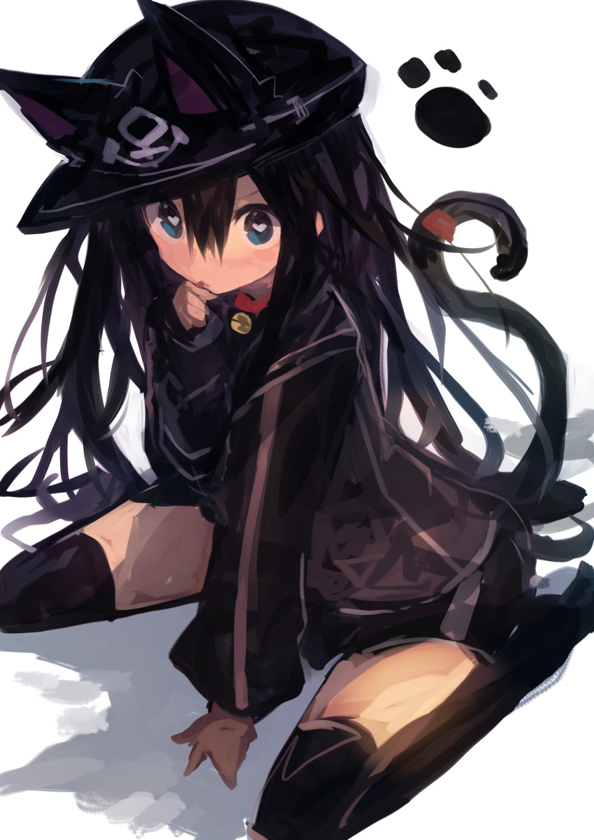 1girl absurdres akatsuki_(kantai_collection) animal_ears bangs black_hair black_legwear blue_eyes blush cat_ears cat_tail collar ears_through_headwear extra_ears hair_between_eyes hat heart heart-shaped_pupils highres kaamin_(mariarose753) kantai_collection licking long_hair long_sleeves paw_print simple_background sitting solo symbol-shaped_pupils tail thigh-highs tongue white_background