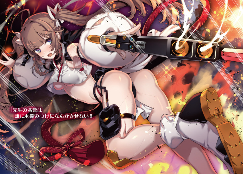 1girl armpits bangs bishoujo_kunoichi-chan-tachi_ga_sensei_no_himitsu_o_nozoite_mita_kekka black_panties blue_eyes breasts brown_hair crop_top detached_sleeves floating_hair gun hair_ribbon highres holding holding_gun holding_weapon kuhou_ouka long_hair long_sleeves looking_at_viewer medium_breasts midriff navel novel_illustration official_art open_mouth outstretched_arms panties ribbon shiny shiny_hair shiny_skin solo stomach tajima_ryuushi twintails under_boob underwear very_long_hair weapon white_ribbon white_sleeves