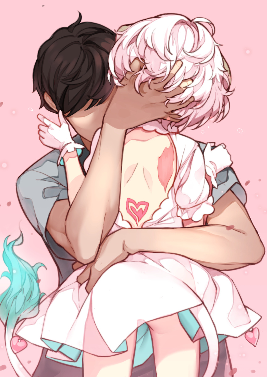 1boy 1girl angel angel_wings aoi_tsunami ass backless_dress backless_outfit black_hair commentary dress english_commentary gloves grey_shirt heart highres hug original pink_background puffy_short_sleeves puffy_sleeves see-through see-through_silhouette shirt short_sleeves tail white_dress white_gloves white_hair wings