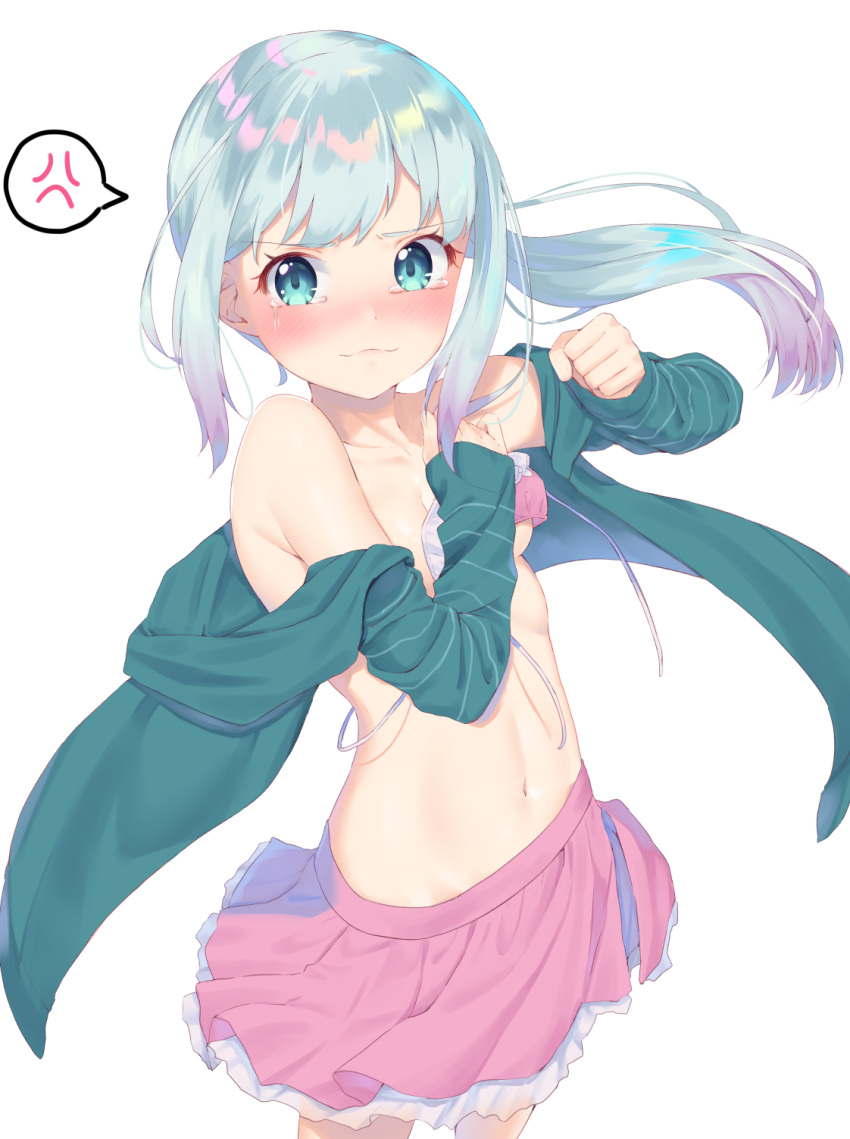 1girl anger_vein bangs bare_shoulders bikini blush breasts closed_mouth collarbone commentary_request covering covering_breasts eromanga_sensei eyebrows_visible_through_hair gradient_hair green_hair green_jacket highres izumi_sagiri jacket k_mugura long_hair long_sleeves looking_at_viewer multicolored_hair navel nose_blush open_clothes open_jacket pink_bikini pink_skirt pleated_skirt ponytail purple_hair silver_hair simple_background skirt sleeves_past_wrists small_breasts solo spoken_anger_vein swimsuit tears very_long_hair white_background