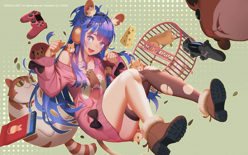 1girl artist_name black_legwear blue_eyes blue_hair blush boots breasts brown_footwear cat cheese collarbone company_name controller eyebrows_visible_through_hair food game_controller hamster_wheel high_heel_boots high_heels highres long_hair looking_at_viewer medium_breasts mouse open_mouth original pink_sweater single_thighhigh smile solo sweater thigh-highs torn_clothes torn_legwear vofan