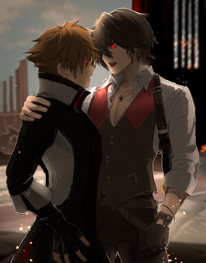 2boys black_gloves brown_vest code_vein collared_shirt fang fingerless_gloves gloves glowing glowing_eyes hair_over_one_eye hand_on_another's_shoulder highres jewelry long_sleeves louis_(code_vein) multiple_boys necklace open_mouth protagonist_(code_vein) red_eyes ruo_candyyyy shirt short_hair teeth vampire vest