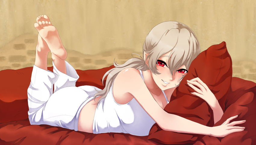 1girl absurdres alternate_costume barefoot corrin_(fire_emblem) corrin_(fire_emblem)_(female) fire_emblem fire_emblem_fates grin highres long_hair lying on_stomach pillow red_eyes seityr smile solo white_hair