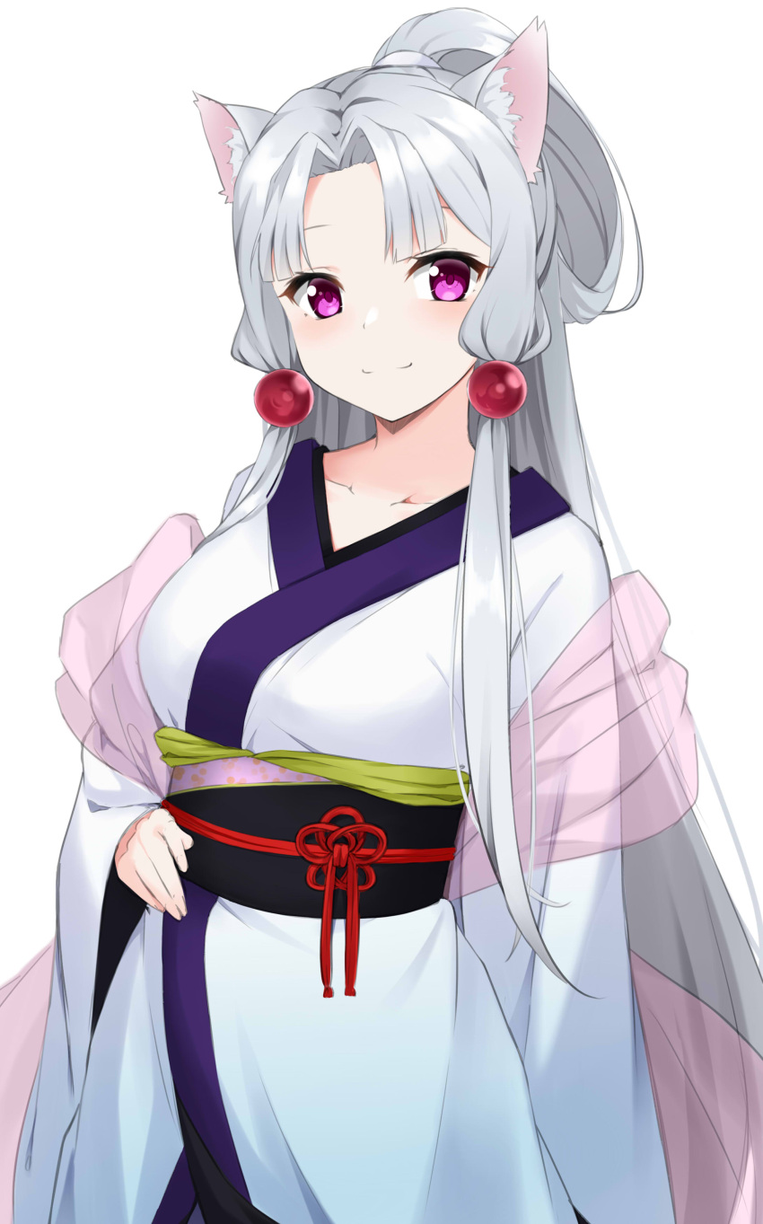 1girl absurdres animal_ear_fluff animal_ears bangs blush breasts closed_mouth commentary_request eyebrows_visible_through_hair grey_hair hair_ornament hand_on_hip highres japanese_clothes kimono kohakope long_hair long_sleeves looking_at_viewer medium_breasts obi parted_bangs sash see-through shawl simple_background sleeves_past_wrists smile solo touhoku_itako very_long_hair violet_eyes voiceroid white_background white_kimono wide_sleeves
