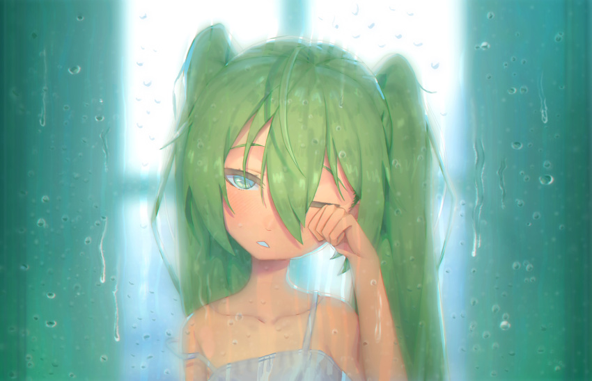 1girl aqua_eyes camisole collarbone commentary english_commentary green_hair half-closed_eyes hand_up hatsune_miku highres long_hair looking_at_viewer neriw one_eye_closed parted_lips portrait rubbing_eyes solo spaghetti_strap twintails very_long_hair vocaloid water_drop window