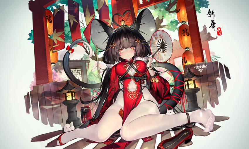 1girl animal_ears bangs black_hair bodystocking breasts chinese_zodiac dk.senie eyebrows_visible_through_hair facial_mark lantern long_hair looking_at_viewer medium_breasts mouse mouse_ears mouse_tail nengajou new_year original pelvic_curtain red_eyes shoes_removed sitting solo tail twintails white_legwear year_of_the_rat