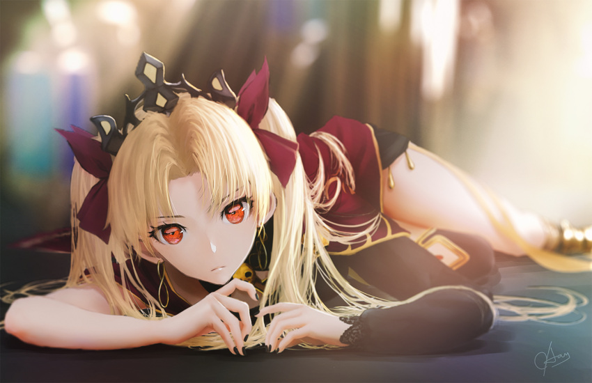 1girl blonde_hair blurry crown depth_of_field ereshkigal_(fate/grand_order) fate/grand_order fate_(series) long_hair looking_at_viewer lying ojay_tkym on_stomach red_eyes red_ribbon ribbon signature single_thighhigh skull_collar solo solo_focus thigh-highs twintails