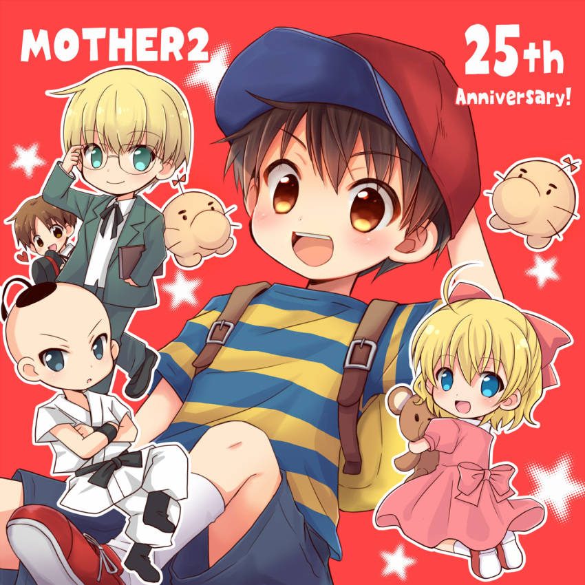 1girl 4boys anniversary ape_(company) black_hair blonde_hair blue_eyes brown_eyes brown_hair chana_gon child doseisan dougi dress earthbound earthbound_(series) english_text full_body game_console glasses green_eyes hal_laboratory_inc. highres jeff_andonuts mother_(game) mother_2 multiple_boys necktie ness nintendo open_mouth paula_(mother_2) pink_dress poo_(mother_2) school_uniform shirt smile striped striped_shirt stuffed_animal stuffed_toy super_nintendo teddy_bear tony_(mother_2)