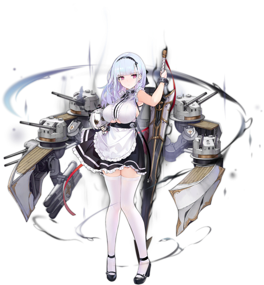 1girl anchor_choker apron azur_lane breasts character_doll choker dido_(azur_lane) doll earrings frilled_choker frills full_body highres jewelry kinven lace-trimmed_hairband large_breasts long_hair looking_at_viewer maid maid_apron official_art red_ribbon ribbon rigging silver_hair stuffed_toy sword thigh-highs transparent_background under_boob underboob_cutout violet_eyes waist_apron weapon white_apron