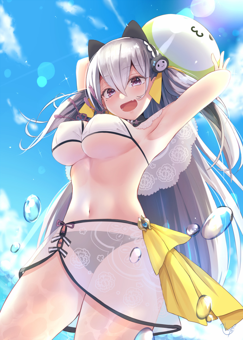 1girl :d animal_ears arms_up ball bangs beachball bikini black_bikini blue_sky breasts cat_ears commentary_request detached_sleeves eyebrows_visible_through_hair fang from_below grey_hair hair_ornament hair_ribbon hairband highres holding holding_ball hourei_tenten large_breasts lens_flare looking_at_viewer melty+ narushima_kanna navel open_mouth ribbon sarong see-through sky smile solo swimsuit under_boob violet_eyes virtual_youtuber water water_drop wet white_bikini