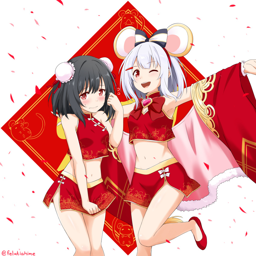 2girls absurdres animal_ears artist_name bangs bare_arms bare_shoulders black_hair blush bow brown_eyes collarbone commentary double_bun eyebrows_visible_through_hair felutiahime fur_trim gem granblue_fantasy hair_bow hair_ornament hairclip heart highres looking_at_viewer midriff mouse_ears multiple_girls navel one_eye_closed open_mouth red_bow red_footwear red_ribbon red_skirt ribbon shirt shoes skirt sleeveless sleeveless_shirt smile vikala_(granblue_fantasy) wavy_mouth white_hair