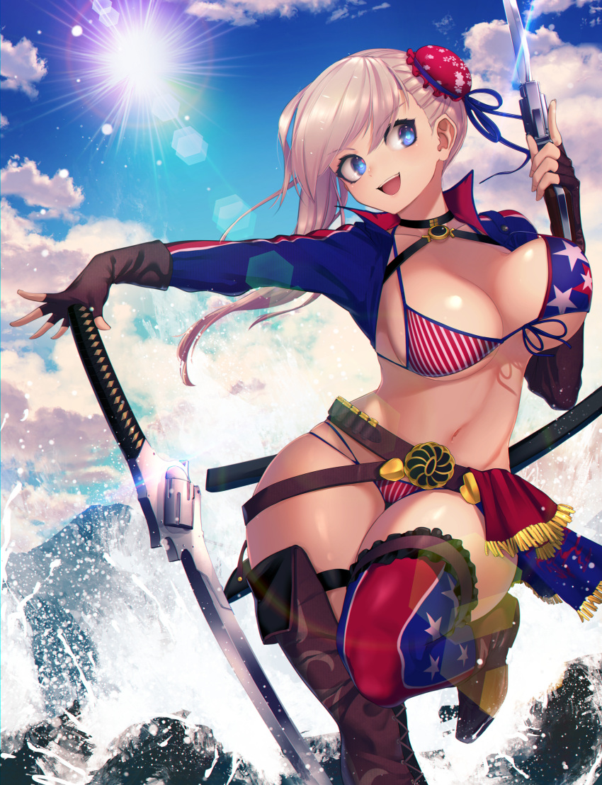 1girl absurdres american_flag american_flag_bikini american_flag_print arm_up bangs belt bikini blonde_hair blue_eyes blue_jacket blue_sky blush boots bouncing_breasts breasts brown_footwear brown_gloves bun_cover choker chromatic_aberration clouds collarbone cropped_jacket day dual_wielding eyebrows_visible_through_hair fate/grand_order fate_(series) fingerless_gloves flag_print floral_print front-tie_bikini front-tie_top glint gloves gunblade hand_up happy highres holding holding_weapon huge_filesize jacket kashu_(hizake) large_breasts leg_up lens_flare long_hair long_sleeves looking_to_the_side mismatched_footwear mismatched_legwear miyamoto_musashi_(fate/grand_order) miyamoto_musashi_(swimsuit_berserker)_(fate) navel ocean open_clothes open_jacket open_mouth outdoors outstretched_arm shell_casing shiny shiny_skin skindentation sky smile solo standing standing_on_one_leg stomach sunlight swimsuit teeth thick_thighs thigh-highs thigh_boots thigh_strap thighs trigger_discipline water waves weapon wide_hips