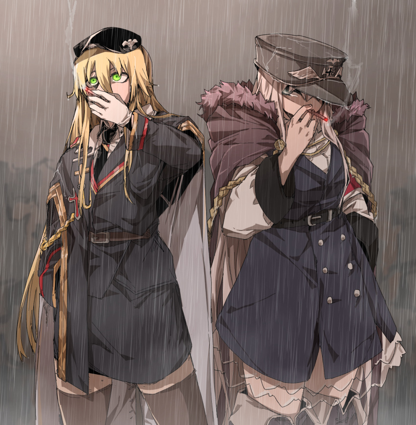 character_request girls_frontline glowing glowing_eyes hat highres kar98k_(girls_frontline) military military_hat military_uniform rain smoking takoongyi thigh-highs uniform zettai_ryouiki