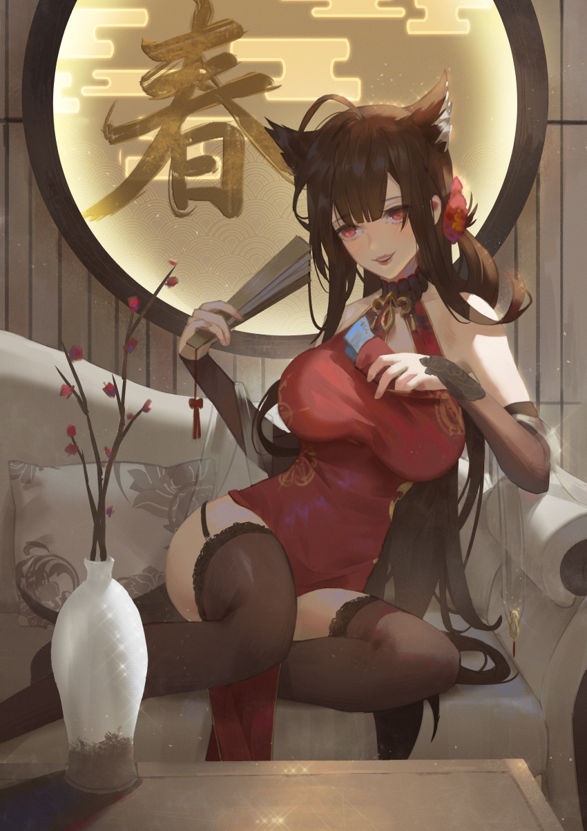 1girl absurdres animal_ears bangs bare_shoulders black_legwear blush breasts brown_hair china_dress chinese_clothes cirilla couch dress dsr-50_(girls_frontline) extra_ears fan flower folding_fan garter_straps girls_frontline hair_flower hair_ornament highres holding holding_fan large_breasts lips long_hair open_mouth pelvic_curtain red_dress red_eyes red_flower sitting solo thigh-highs vase