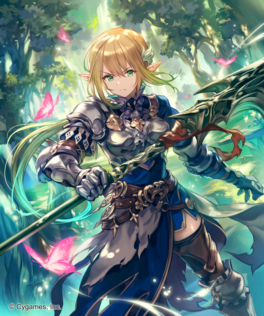 1girl bangs belt black_legwear blonde_hair blue_shirt boots breastplate brown_belt bug butterfly cape closed_mouth day elf floating_hair forest frown gauntlets gradient_hair green_eyes green_hair hair_between_eyes highres holding holding_spear holding_weapon insect knee_boots lee_hyeseung long_hair long_sleeves multicolored_hair nature outdoors pointy_ears polearm ponytail shadowverse shirt shoulder_armor solo spaulders spear standing thigh-highs torn_cape torn_clothes very_long_hair waist_cape weapon zettai_ryouiki