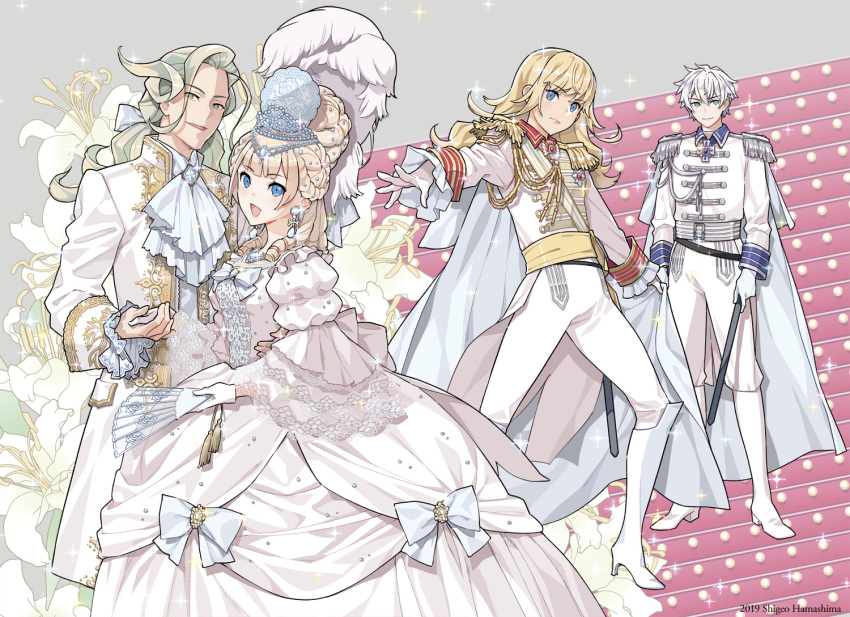 1girl 1other 2boys aiguillette back_bow blonde_hair blue_eyes boots bow braid brooch cape charles_henri_sanson_(fate/grand_order) chevalier_d'eon_(fate/grand_order) cravat crown dress dress_bow earrings epaulettes fan fate/grand_order fate_(series) flower folding_fan gloves green_eyes hamashima_shigeo holding holding_fan holding_hands jewelry knee_boots lace lily_(flower) long_hair marie_antoinette_(fate/grand_order) messy_hair multiple_boys outstretched_hand pants puffy_sleeves standing white_bow white_cape white_dress white_footwear white_gloves white_hair white_pants wolfgang_amadeus_mozart_(fate/grand_order)