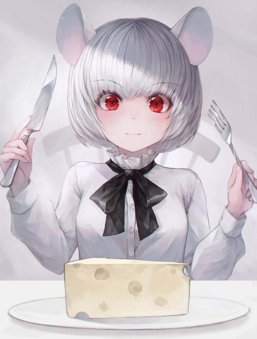 1girl absurdres animal_ears bangs black_bow blush bow chair cheese chinese_zodiac closed_mouth commentary crystalherb dress_shirt eyebrows_visible_through_hair food fork highres holding holding_fork holding_knife knife mouse_ears original plate puffy_short_sleeves puffy_sleeves red_eyes shirt short_hair short_sleeves smile solo upper_body white_hair white_shirt year_of_the_rat