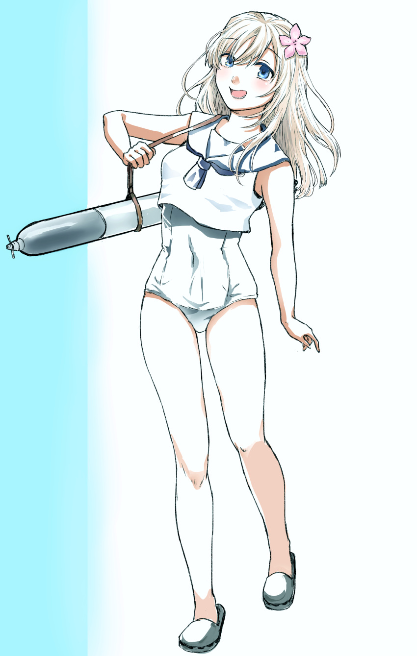 1girl absurdres blonde_hair blue_background blue_eyes crop_top flower full_body gradient gradient_background hagioshi hair_flower hair_ornament highres kantai_collection long_hair open_mouth ro-500_(kantai_collection) sailor_collar sandals school_swimsuit school_uniform serafuku solo standing swimsuit swimsuit_under_clothes torpedo white_background