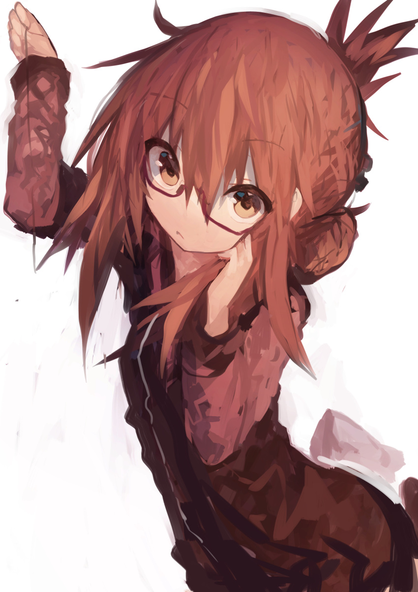 1girl absurdres bangs brown_eyes brown_hair brown_jacket closed_mouth eyebrows_visible_through_hair folded_ponytail glasses hair_between_eyes highres inazuma_(kantai_collection) jacket kaamin_(mariarose753) kantai_collection long_sleeves ponytail red-framed_eyewear simple_background solo white_background