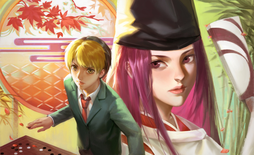 2boys 873493728 autumn_leaves backlighting bangs between_fingers bishounen black_hair blonde_hair board_game closed_fan fan folding_fan formal fujiwara_no_sai go hand_up hat highres hikaru_no_go holding japanese_clothes kimono lips long_hair looking_at_viewer male_focus multicolored_hair multiple_boys necktie nose paper_fan petals purple_hair shindou_hikaru suit tate_eboshi two-tone_hair violet_eyes