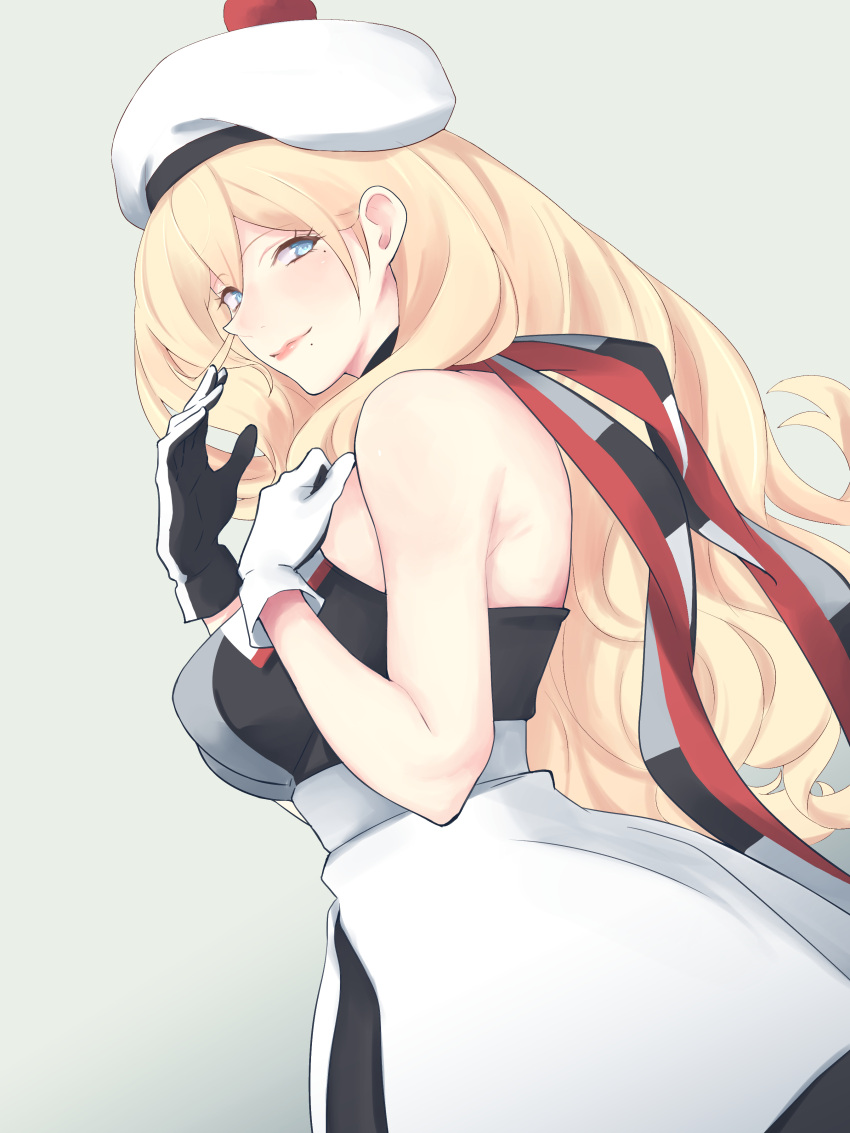 1girl absurdres beret blonde_hair blue_eyes blush breasts dress gradient gradient_background hair_between_eyes hat highres kantai_collection large_breasts long_hair looking_at_viewer mole mole_under_eye mole_under_mouth pom_pom_(clothes) richelieu_(kantai_collection) scarf shingyo smile solo strapless strapless_dress two-tone_dress two-tone_gloves two-tone_legwear