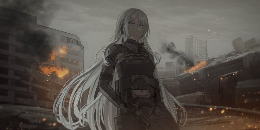 1girl absurdres ak-15_(girls_frontline) bangs black_gloves black_jacket black_pants blue_eyes braid building burning chihuri clouds cloudy_sky commentary eyebrows_visible_through_hair girls_frontline gloves glowing glowing_eyes grey_hair gun hair_between_eyes handgun highres holding holding_gun holding_weapon jacket long_hair long_sleeves looking_away outdoors overcast pants parted_lips pistol ruins sky solo very_long_hair weapon