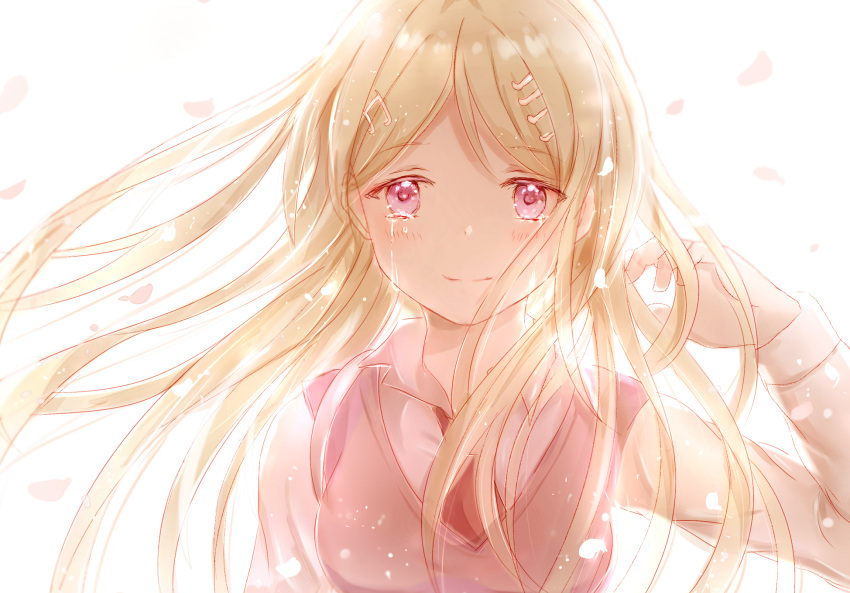 1girl ahoge akamatsu_kaede blonde_hair commentary_request crying crying_with_eyes_open dangan_ronpa floating_hair hand_in_hair highres iceblue long_hair looking_at_viewer musical_note_hair_ornament necktie new_dangan_ronpa_v3 petals pink_eyes red_neckwear revision school_uniform shirt simple_background smile solo tears upper_body very_long_hair white_background white_shirt