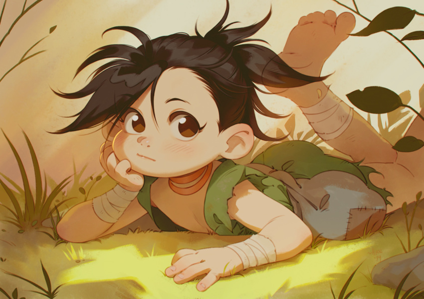 1girl alkemanubis androgynous barefoot black_hair brown_eyes closed_mouth dororo_(character) dororo_(tezuka) flat_chest japanese_clothes looking_at_viewer ponytail reverse_trap short_hair sleeveless solo