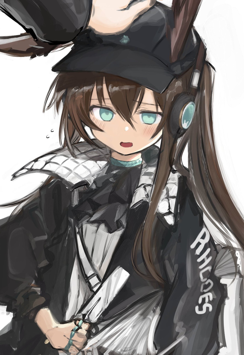 1girl amiya_(arknights) animal_ears aqua_eyes arknights ascot bangs black_headwear black_jacket black_neckwear blush brown_hair clothes_writing ears_through_headwear eyebrows_visible_through_hair flying_sweatdrops frilled_ascot frills fuyono_neru hair_between_eyes hat headphones highres jacket long_hair long_sleeves multiple_rings open_mouth out_of_frame petting rabbit_ears simple_background thumb_ring white_background