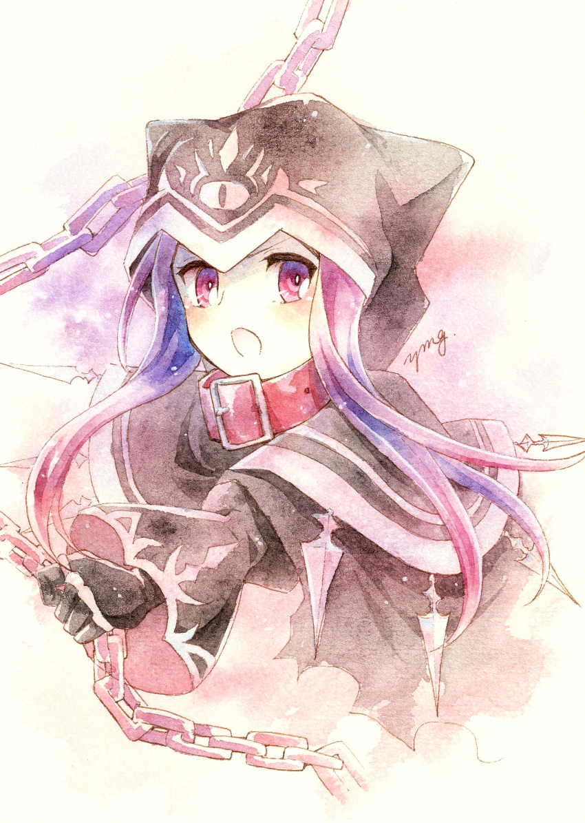 1girl animal_ears animal_hood black_cloak black_gloves chain cloak collar fake_animal_ears fate/grand_order fate_(series) floating_hair gloves highres holding holding_weapon hood hood_up hooded_cloak long_hair looking_at_viewer medusa_(lancer)_(fate) open_mouth purple_hair rider sidelocks solo torn_cloak torn_clothes traditional_media very_long_hair violet_eyes watercolor_(medium) weapon yomogimo_chi