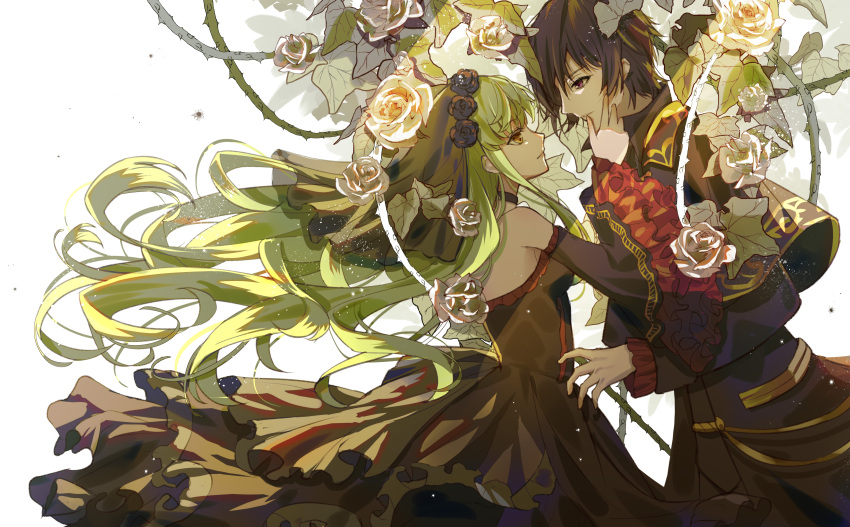 1boy 1girl absurdres black_dress black_flower black_rose brown_hair c.c. code_geass couple dress eye_contact floating_hair flower frilled_sleeves frills from_side green_hair hair_flower hair_ornament head_wreath highres layered_sleeves lelouch_lamperouge long_dress long_hair long_sleeves looking_at_another off-shoulder_dress off_shoulder parted_lips profile rose shiny shiny_hair smile teatix veil very_long_hair violet_eyes white_background white_flower white_rose wide_sleeves yellow_eyes