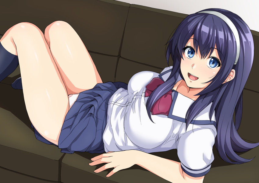 1girl black_legwear blue_eyes bow bowtie breasts couch hairband haruhisky kneehighs long_hair looking_at_viewer lying on_back original panties pantyshot pleated_skirt purple_hair school_uniform serafuku skirt solo underwear