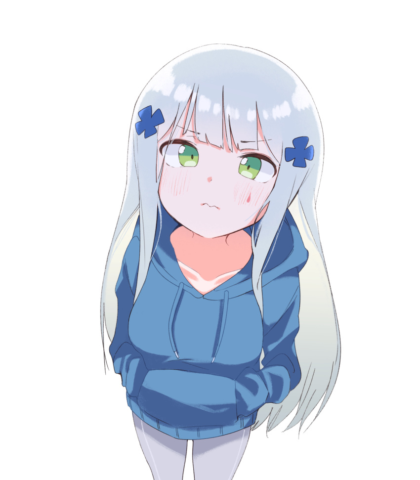 1girl bangs blue_hoodie blush closed_mouth collarbone commentary drawstring eyebrows_visible_through_hair facial_mark girls_frontline green_eyes grey_hair grey_legwear hair_ornament hands_in_pockets highres hk416_(girls_frontline) hood hood_down hoodie long_hair long_sleeves pantyhose sidelocks simple_background solo tosyeo very_long_hair wavy_mouth white_background