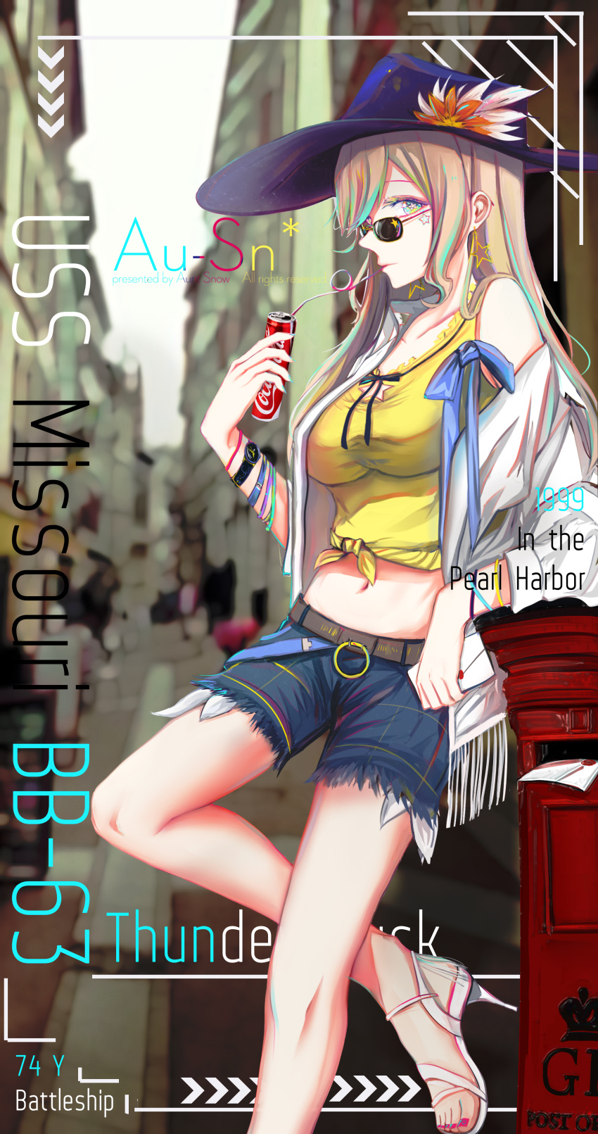 absurdres blue_eyes breasts cola hat highres jewelry large_breasts long_hair missouri_(warship_girls_r) necklace sandals silver_hair standing standing_on_one_leg star star-shaped_pupils star_necklace sunglasses symbol-shaped_pupils toenail_polish toes warship_girls_r yimaxue