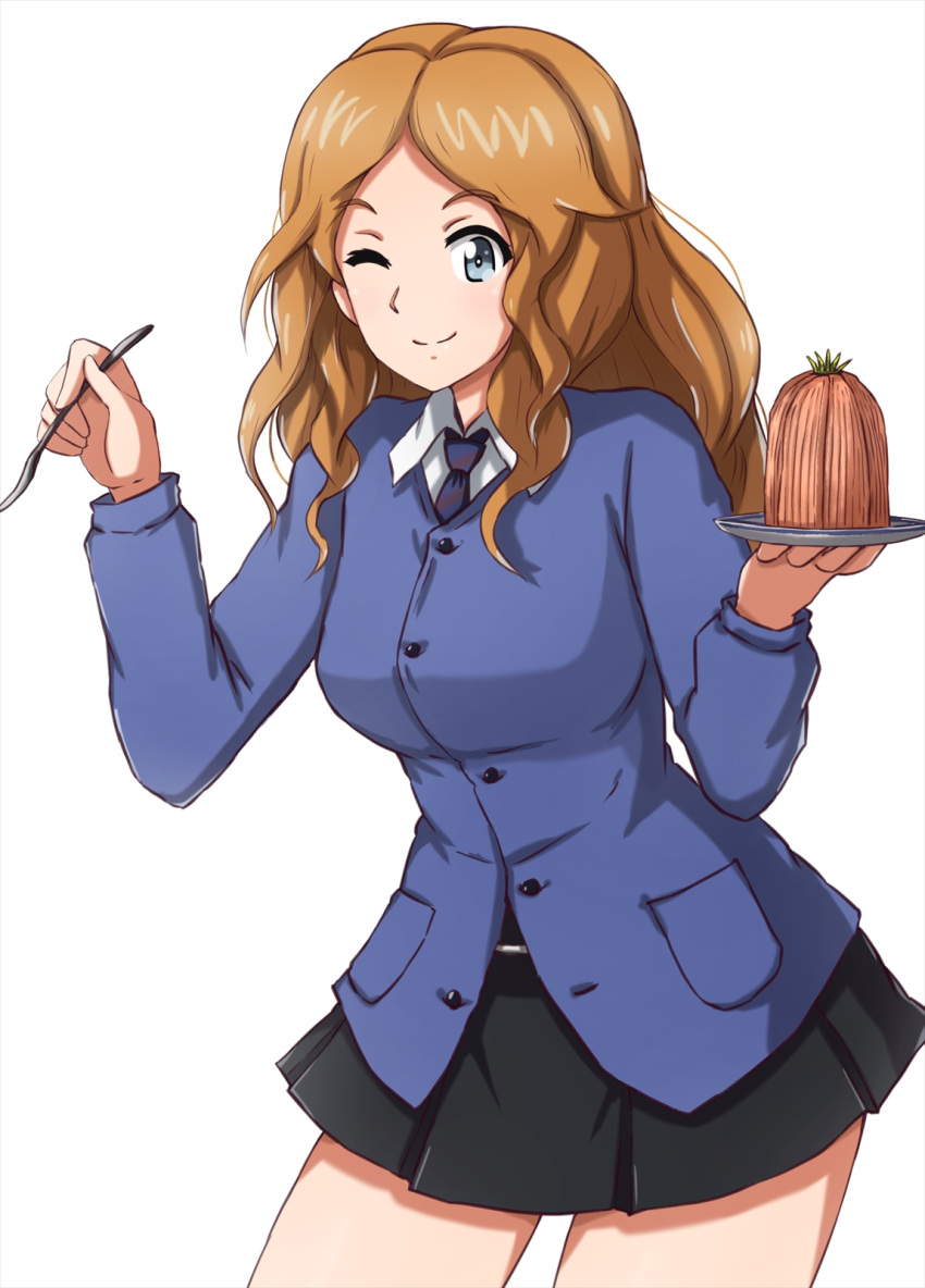 1girl ;) bangs bc_freedom_school_uniform black_skirt blue_eyes blue_neckwear blue_sweater cardigan closed_mouth commentary cowboy_shot dessert diagonal_stripes dress_shirt food fork girls_und_panzer highres holding holding_fork holding_plate isabe_(girls_und_panzer) long_hair long_sleeves looking_at_viewer miniskirt mont_blanc_(food) necktie omachi_(slabco) one_eye_closed orange_hair plate pleated_skirt school_uniform shirt simple_background skirt smile solo standing striped striped_neckwear sweater wavy_hair white_background white_shirt wing_collar