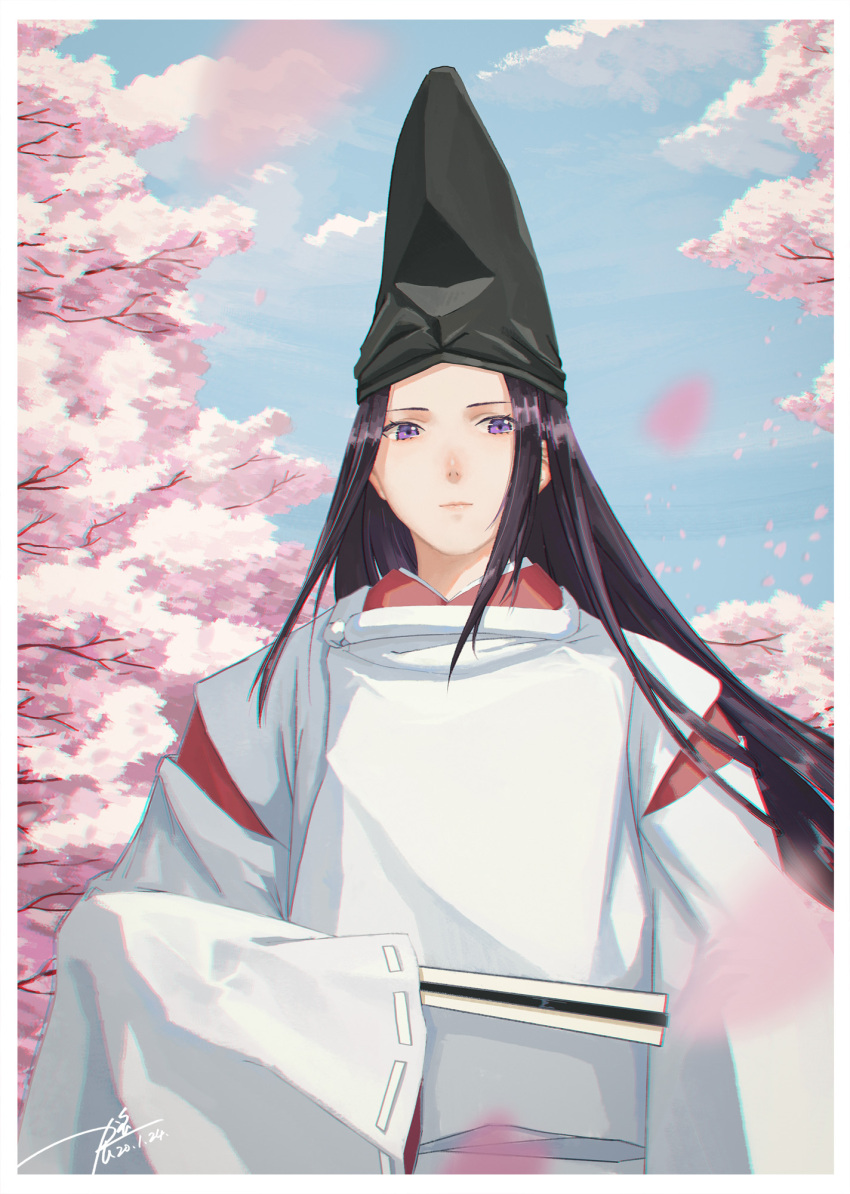 1boy bishounen blue_sky blurry border cherry_blossoms chromatic_aberration closed_fan clouds dated day depth_of_field expressionless fan folding_fan fujiwara_no_sai hand_up hat highres hikaru_no_go holding holding_fan japanese_clothes kimono lips long_hair looking_at_viewer male_focus outdoors paper_fan petals purple_hair signature sky sleeves_past_fingers sleeves_past_wrists solo standing tate_eboshi upper_body violet_eyes wide_sleeves z2zyyy