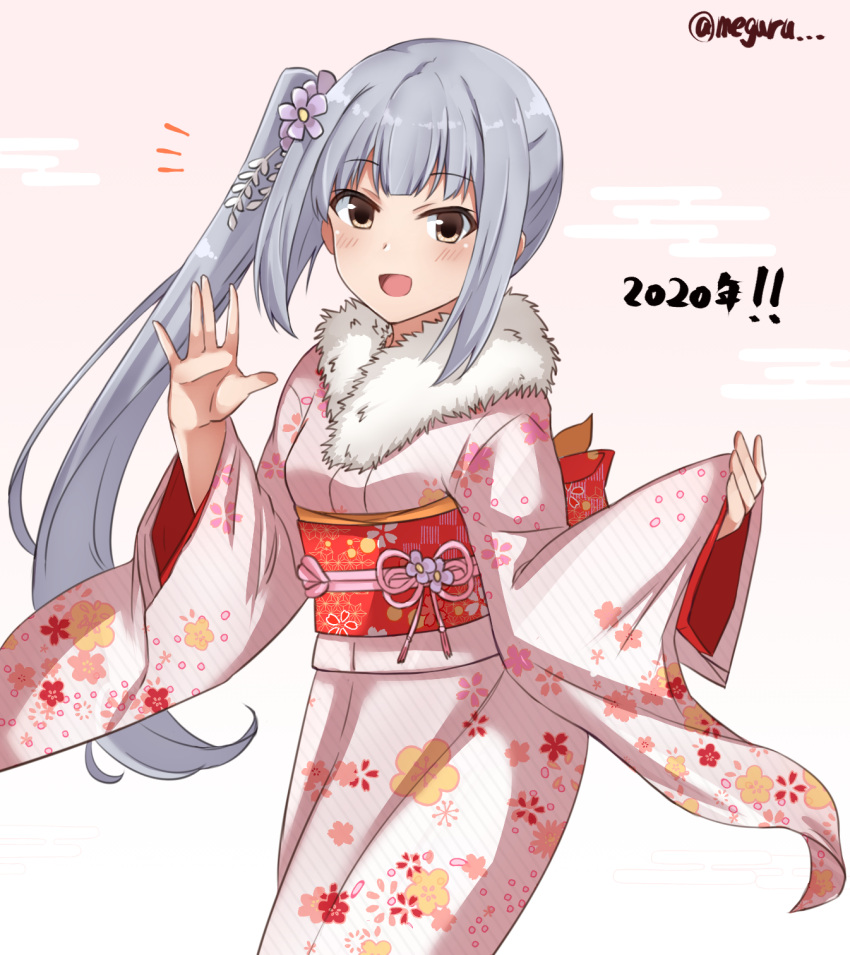 1girl 2020 brown_eyes cloud_background dated floral_print fur-trimmed_kimono fur_trim furisode grey_hair highres japanese_clothes kantai_collection kasumi_(kantai_collection) kimono long_hair looking_at_viewer meguru_(megurunn) pink_background pink_kimono print_kimono side_ponytail smile solo twitter_username