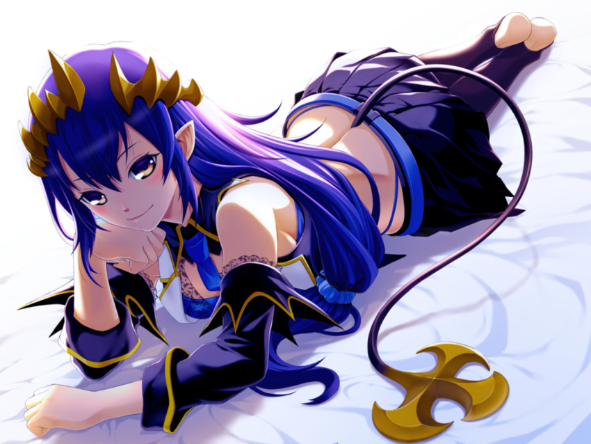 1girl bangs bed_sheet blue_hair blue_legwear blue_neckwear blue_skirt blue_sleeves blush brown_eyes demon_girl demon_horns demon_tail detached_sleeves fenrir_(fenlil0316) full_body hair_between_eyes honey_strap horns long_hair long_sleeves looking_at_viewer lying midriff miniskirt necktie on_stomach pleated_skirt pointy_ears shimamura_charlotte shiny shiny_hair simple_background skirt smile solo tail very_long_hair virtual_youtuber white_background yellow_eyes